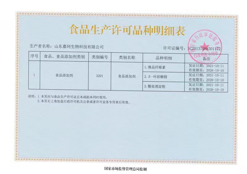 食品生产许可品种明细表